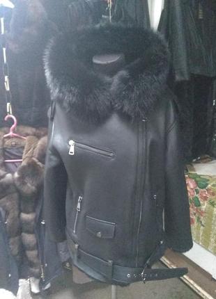 Дублянка натуральна овчина песець капюшон косуха пілот авіатор