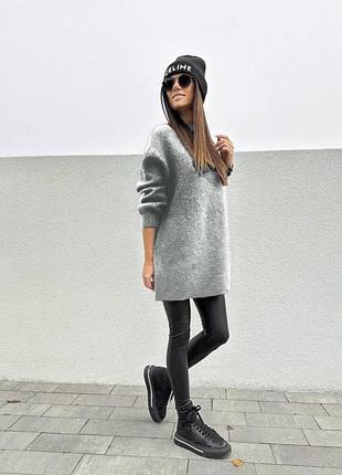 Стильний жіночий зимовий костюм-двійка ангорова кофта та теплі лосини з екошкіри для прогулянок, на зиму