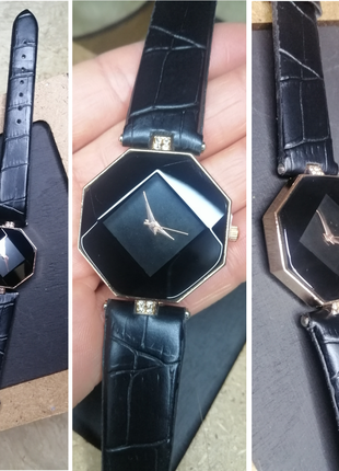 Женские часы стильно черный с ремешком под кожу1 фото