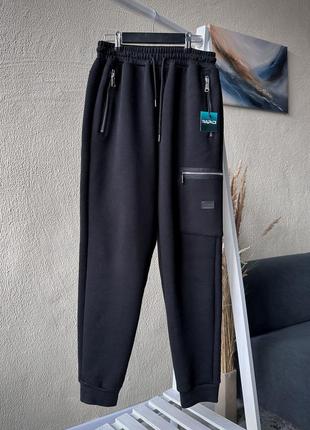 Теплі чоловічі зимові штани чорні rapid із тринитки на флісі з гумкою знизу