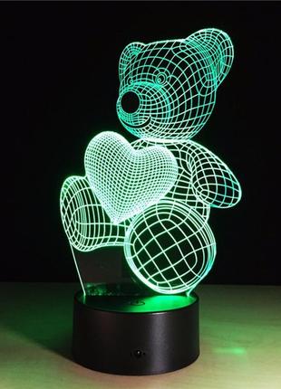 3d светильник с пультом управления мишка с сердцем подарок для девочки на нг