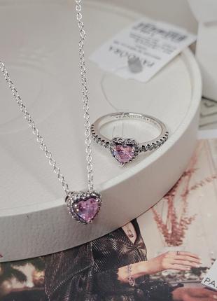 Набор пандора серебро s925 ale оригинальная бирка ожерелье кольцо сердца розовый с белым камни кулон колье подвеска цепочка новые сердце