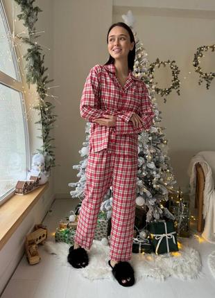 Жіноча піжама фемілі лук у клітинку фланель тепла на ґудзиках 6 кольорів