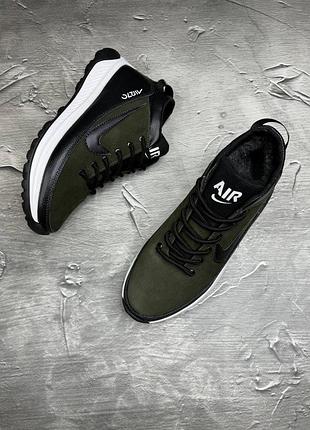 Зисові чоловічі кросівки nike на хутрі, черевики натуральна шкіра/нубук кольору хакі7 фото