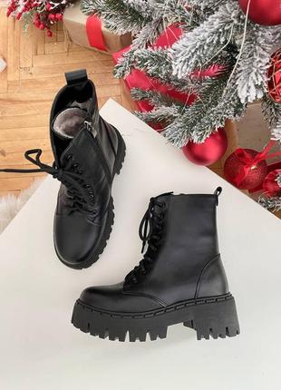 Черные зимние высокие ботинки на шнуровке из натуральной кожи10 фото