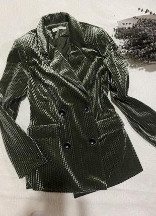 Жакет винтажный зеленый бархатный изумрудный пиджак двубортный- xs,s