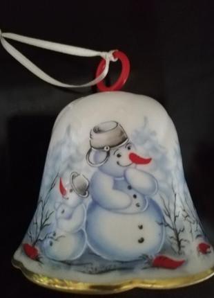 Колокольчик фарфоровый елочная игрушка "снеговик" германия
