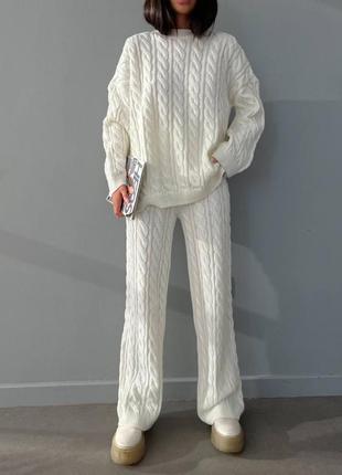 Молочний костюм акрил туреччина вʼязка косичка светр та прямі штани xs s m l