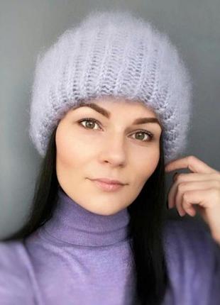 Трендова мохерова шапка з двома відворотами колір тала вода2 фото