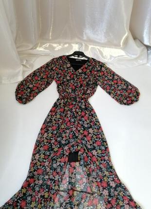 Платье шифон літнє плаття квітковий принт довжини міді волан шифон на підкладці виробник туреччина р3 фото