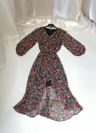 Платье шифон літнє плаття квітковий принт довжини міді волан шифон на підкладці виробник туреччина р1 фото