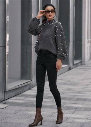 Сірий теплий светр,кофта,джемпер з перлинами4 фото