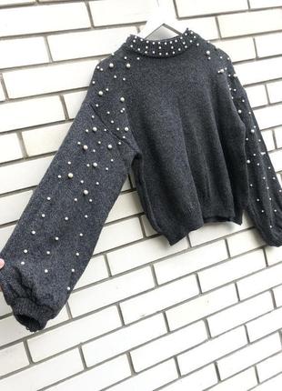Сірий теплий светр,кофта,джемпер з перлинами7 фото