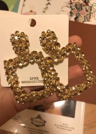 Серьги крупные большие квадратные с камнями вечерние