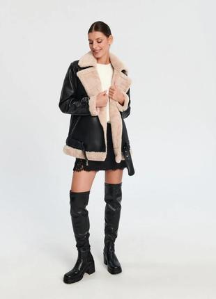 Натуральна шкіряна зимова курточка на цигейці, овчині. дублянка. umut leather.