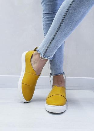 Слипоны из натуральной кожи мокасины кеды балетки лоферы туфли удобные желтые2 фото