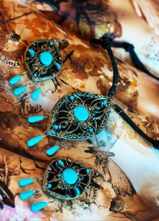 Ексклюзивний комплект в етно стилі бохо ручна бірюза boho etno філігрань