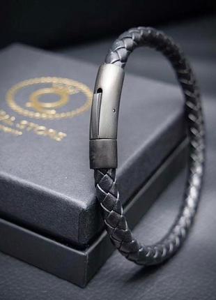 Мужской кожаный браслет плетеный, классический черный8 фото