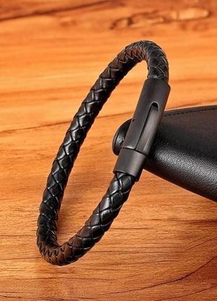 Мужской кожаный браслет плетеный, классический черный2 фото