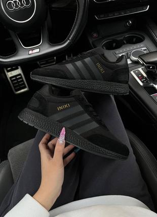 Женские кроссовки adidas originals iniki fleece termo all black grey stripes