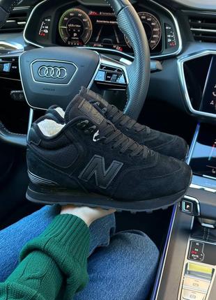 Зимние женские кроссовки new balance 574 high all black suede fur