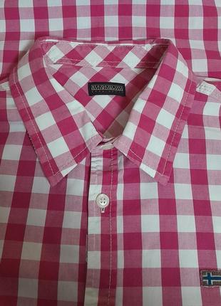 Шикарная хлопковая рубашка в бело - розовую клетку napapijri regular fit made in indonesia6 фото