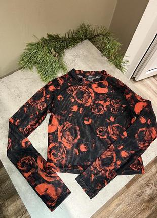 Чёрный топ сетка с красными розами 🌹 primark цветочный принт гольф пуловер стильная сеточка xs-s1 фото