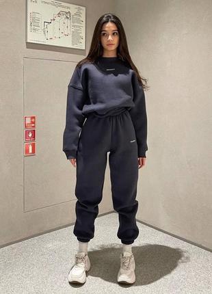 Костюм двойка, теплый костюм на флисе, свитшот oversize,джоггеры с высокой посадкой