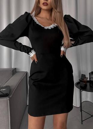Розкішна чорна сукня з мереживом кружевом з рукавами ліхтариками🖤3 фото