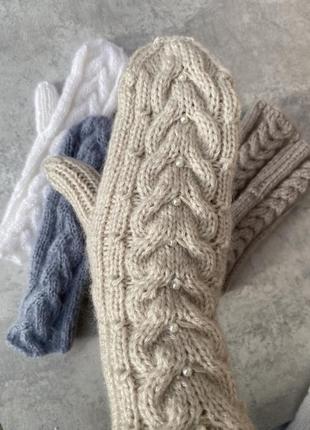 Розпродаж вʼязані рукавички вовна рукавиці коса перлини ручна робота молочні варежки4 фото