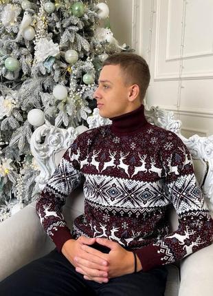 Новогодние свитеры бордового цвета парный комплект для двоих свитера с оленями стильные вязаные4 фото