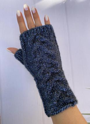 Розпродаж мітенки взані рукавиці без пальців сині блискучі рукавички митенки синие4 фото