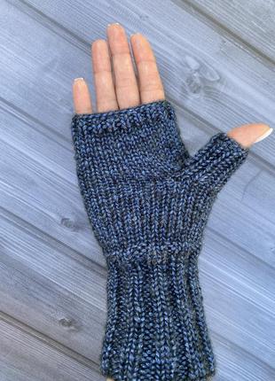 Розпродаж мітенки взані рукавиці без пальців сині блискучі рукавички митенки синие2 фото