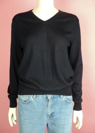 Тонкий шерстяной джемпер пуловер свитер v-образным вырезом теплый синий черный