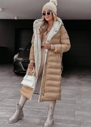 Удлинено женское пальто на меху, цвет беж 42-46р