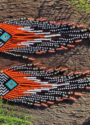 Этнические длинные серьги из бисера2 фото