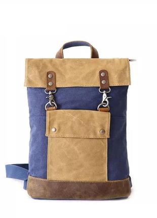 Рюкзак холст с вставками из кожи синий3 фото