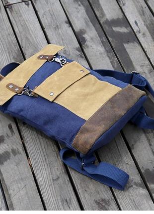 Рюкзак холст с вставками из кожи синий4 фото
