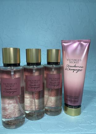 Парфюмированный мист  для тела и волос и лосьон strawberries & champagne victoria's secret.