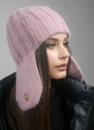 Женская зимняя пушистая темно-пудровая шапка ушанка