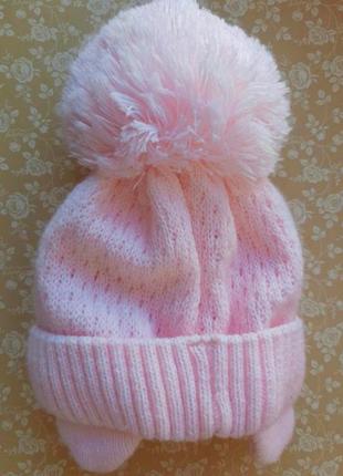 Шапочка рожевий білий дівоч 3-6 міс в'язаний шапка тепло помпон малятка2 фото