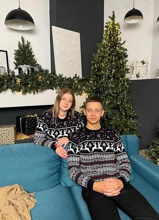 Парні новорічні светри сині чорні з оленями фемелі лук чоловічий жіночий светр з оленями мякий приємний тягнеться романтичний вовняний світер