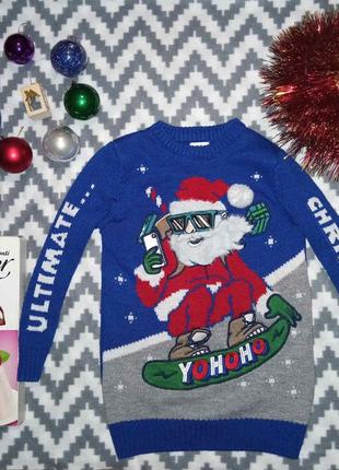 Синий рождественский свитер с сантой на сноуборде в очках5 фото