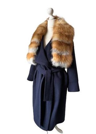 Елегантне синє пальто без підкладки з коміром із натурального хутра лисиці 46 ro-27023