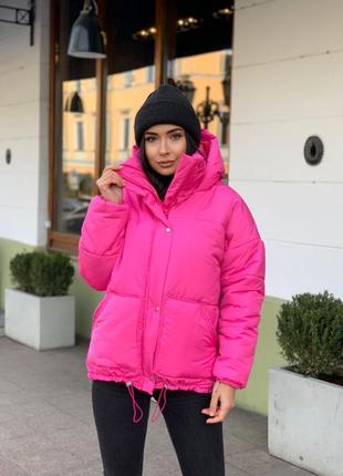 Зимняя куртка пуховик / пуфер с капюшоном зима белый черный розовый голубой3 фото