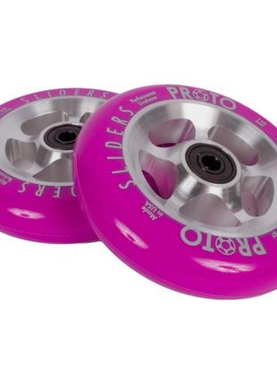 Колеса для трюкового самокату proto sliders (starbright pro scooter wheels 2-pack 110mm - neon purple on raw)3 фото