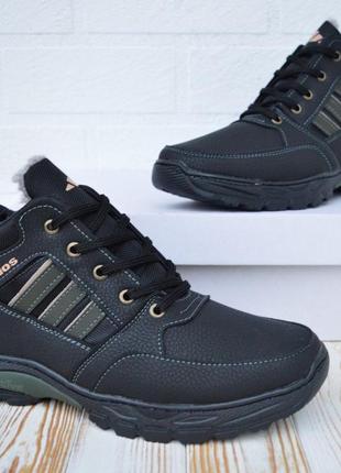 Чоловічі кросівки adidas чорні хакі м’ягка шкіра на хутрі зимовий варіант шнурівка гори адідас10 фото