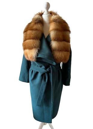 Элегантное зеленое пальто без подкладки с воротником из натурального меха лисы 46 ro-270251 фото