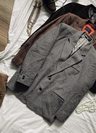 Роскошный шерстяной пиджак в гусину лапку оверсайз удлиненный теплый