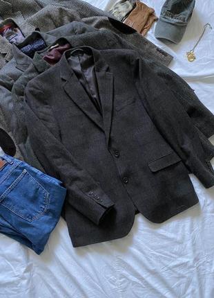 Качественный винтажный шерстяной удлиненный оверсайз пиджак в клетку1 фото